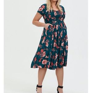 FLORAL CHALLIS SMOCKED MIDI DRESS